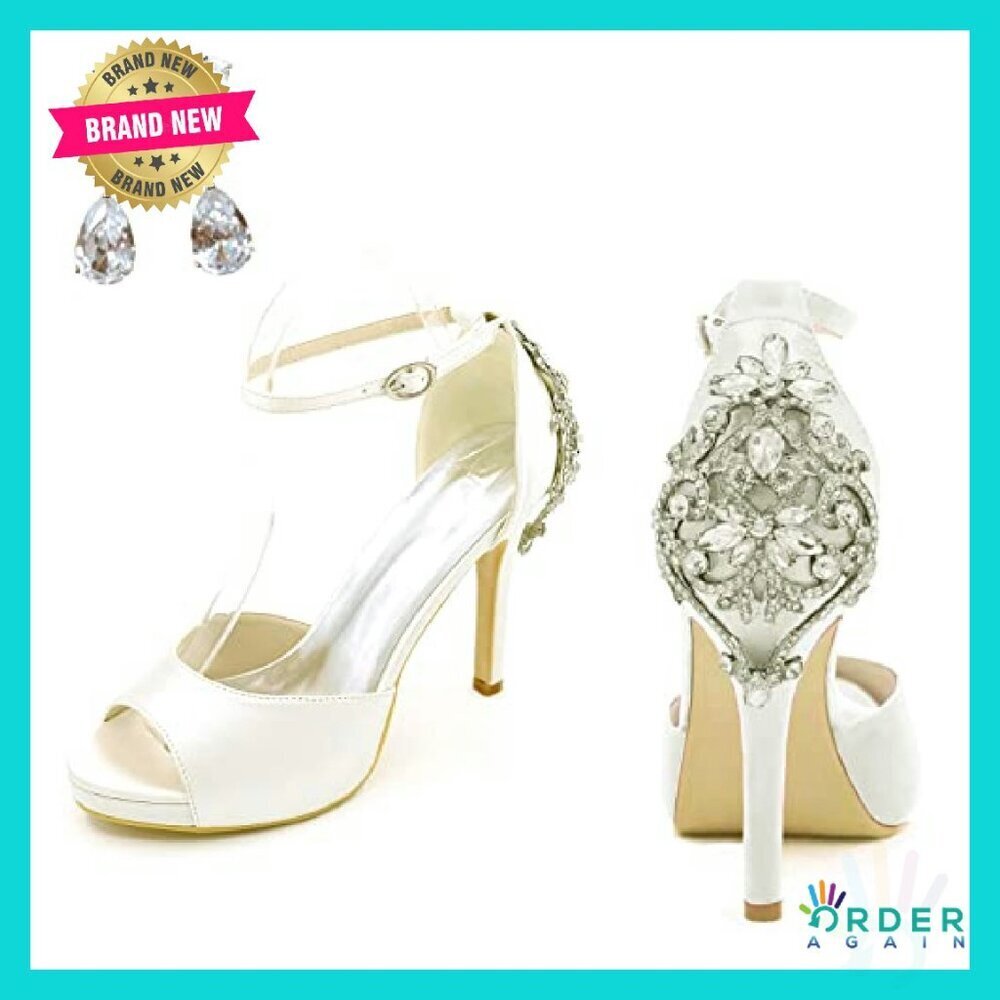 Satin Platform Heels Elegant Wedding Sandals Crystal Back Adjustable Ankle Strap - Picture 2 of 7